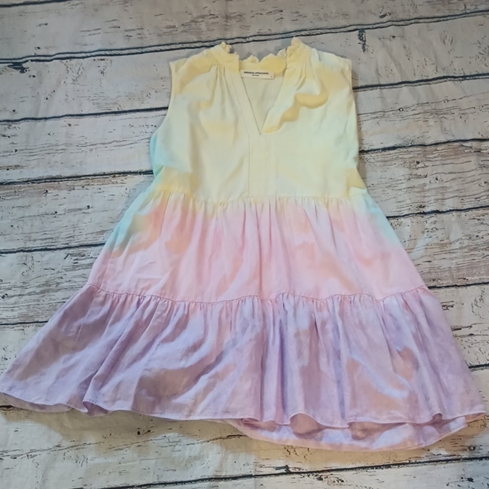 Amanda Uprichard Yellow Pink Blue Purple Saffron Sleeveless Tie Dye Mini Dress M